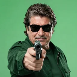 a still of hugo chavez as neo from the matrix, wearing black sunglasses and pointing a gun to the camera. centred. extremely detailed. beautiful. 3 5 mm. 4 k. award winning. green filter
