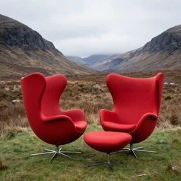 scottish mountains landscape with a red wingback egg chair with ottoman