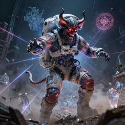 astronaut summoning demons, technology and magick, circuitry and sigils combined, photorealistic, royo, frazetta, leds, dust, laser light, crystalline shimmers, chaos, complexity, emergence,