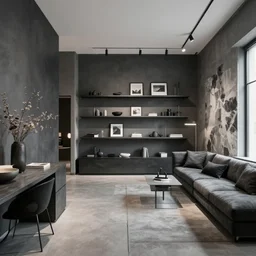 Liminal Space interior, showroom appartment, color graphite and ink