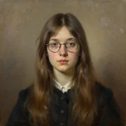 studio central front portrait of a beautiful young woman with glasses, oil painting by Ivan Shishkin