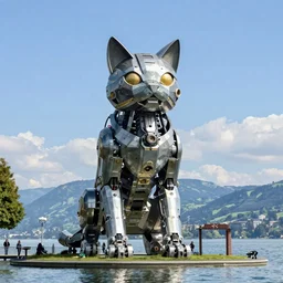 picture of a giant mechanical cat sculpture standing above the Lake Léman, Geneva, Switzerland