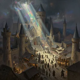 an intricate matte painting of An epic stronghold crusader busy marketplace screenshot, highly detailed iridescent dimly lit exterior with shafts of iridescent light bouncing off magical realms, by Sandra Chevrier, trending on artstation