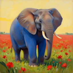 a painting of an elephant in a blue dress standing in a field of red flowers by craig mullins, golden hour, trending on artstation, color field, concept art, artstation hd, matte drawing