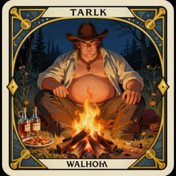 a dramatic, ethereal painting of a handsome chunky mischievous cowboy with an open shirt and beer belly sitting behind a campfire at night with food and jugs of whisky | tarot!! card, art deco, art nouveau | by Mark Maggiori | trending on artstation