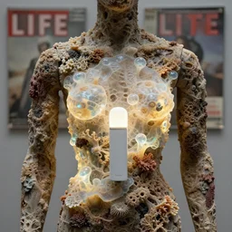 realistic product photo of a mannequin covered in shriveling dead semi - translucent iridescent coral reef, emitting aura, the lighter is designed by dieter rams, 1 9 6 0, life magazine photo, natural colors, metropolitan museum, kodak, 8 k, very detailed, high resolution, product photo,