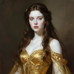 royal portrait of the high queen, young, alluring, brunette, white skin, golden garments, high fantasy, digital painting, by frank franzzeta