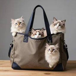 lots of furry cats inside a big handbag, the handbag is over a wood table, gray background, studio lighting around the entire handbag, detailed photo, 4 k, 8 k