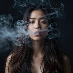 candid portrait of a very very beautiful young filipino woman with narrow face and flowing long hair, dramatic swirling thick dreamy smoke from her mouth, face partially obscured, dark background, by conrad roset, abstract, thought provoking, dramatic lighting, trending on artstation