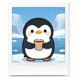 penguin kawaii taking a coffee in the middle on the artic, trending in art station polaroid
