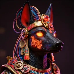 awardwinning photo of a steampunk anubis, the face is covered with orange glowing digital circuits, wearing a glowing red and golden metallic aztec diadem with multicolored cables and shiny metallic gears, 3 d render, crisp, 8 k, fluorescent colors, nikon photography
