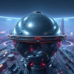 sphere grey spaceship, metallic reflections, vibrant colours, busy spaceport, lumion 3 d max panorama, 3 d render, high quality, intricate, detailed, best quality