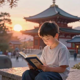 A Japanese style painting of young boy reading a book by a temple in Japan at sunrise