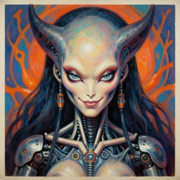 a perfectly centered symmetrical portrait of a biomechanical alien robot goddess kali, female, intense stare, sarcastic smile, symmetrical, concept art, intricate detail, volumetric shadows and lighting, realistic oil painting, 1 9 7 0 psychedelic soviet poster,