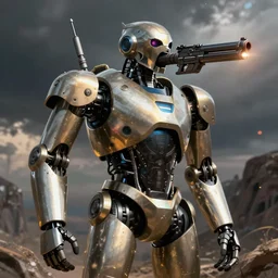 japanese killbot, humanoid robot with gun coming out of mouth, art by jim burns, digital art, realistic