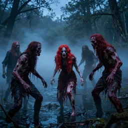 psychotic zombie flesh eating redheads battle swamp creatures from hell in a misty blue lake near a forest at midnight