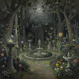 a gorgeous, fantastic, magic garden landscape by michael kidd, moebius, escher, trending on artstation, artgerm, oil on canvas, muted color tones, darker,!! low contrast!!