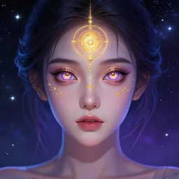 a beautiful colorful digital head and shoulders potrait of an attractive girl with hypnotic detailed golden voilet glowing eyes and open third eye spiritual art, space background, breathtaking stars, hyperrealistic, 4k, detailed, hyper realistic anime art