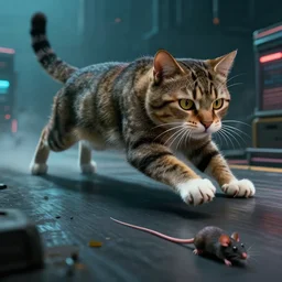 a big cat, chases down × a live mouse! by mark ryden in cyberpunk environment, 4 k ultra high resolution, horror, long camera shot