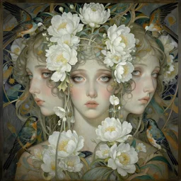 breathtaking detailed concept art painting art deco pattern of faces goddesses of white flowers with anxious piercing eyes and blend of flowers and birds, by hsiao - ron cheng and john james audubon, bizarre compositions, exquisite detail, extremely moody lighting, 8 k