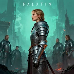 side profile portrait, medium shot, imogen poots paladin, armour, gloomhaven, vaporwave style fantasy poster, by greg manchess, huang guangjian, lois van baarle, sachin teng, greg rutkowski, jesper ejsing, ilya kuvshinov