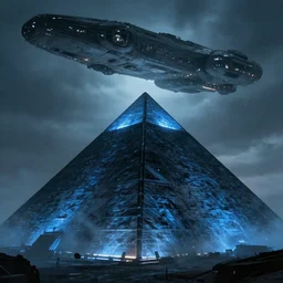 big pyramid with blue glow lights and fog in background, huge spaceship in sky, cinematic looking, drama, scary