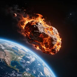fiery asteroid flying through space moving towards earth
