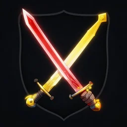 coat of arms of a glowing red broadsword clashing with a yellow longsword, with a glowing green flail hanging behind them, with a black background, unreal engine
