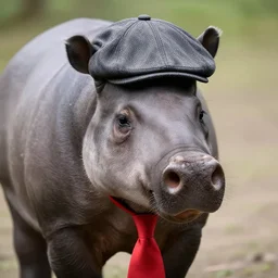 A tapir wearing a red tie and a flat cap.