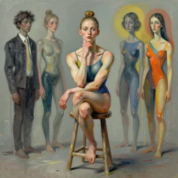 portrait of a morphed gymnast on a stool thinking by james jean and luc tuymans and hernan bas and pat steir and hilma af klint, psychological, dripping paint, high quality render, artstation, altermodern, masterpiece