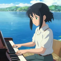 Anime girl playing piano on blue water, far away, landscape, scenery, green eyes, Cushart Krenz, Shinkai Makoto, by Lluluchwan, lots of details, highly detailed, 4k, detailed body