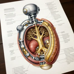 highly detailed labeled medical anatomy poster of a robotic ent + anatomical drawing on poster paper with notes + well - lit, ray tracing, detailed + mechanism, ent, tree forbidden - knowledge, intricate details, gold and silver ink