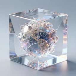 transparent cube with another fractal world inside, fractured high detail, ethereal lights, hyper realistic, 8 k