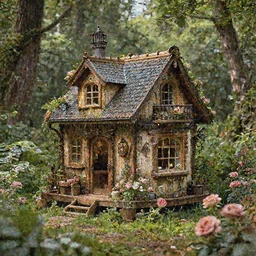 steampunk tiny house in a forest with lush vegetation and a garden of roses. Detailed. Very very very detailed intricate.