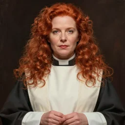 symmetrical portrait of a stocky redheaded woman in clerical vestments , iconic character art by Tony DiTerlizzi