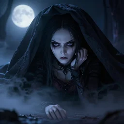 full shot portrait of angry darkness anime girl hidden under a bed at moonlight, gothic wearing, worrying eyes, inspired by Tim Burton, detailed, unreal engine 4k volumetric light, dense fog,