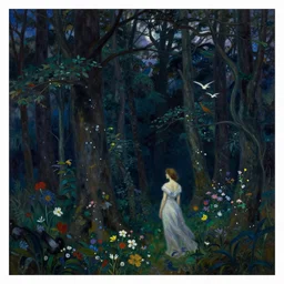 painterly dreamy dark forest with trees, flowers, birds, barely seen women and midnight sky by Mikhail Vrubel, Aron Wiesenfeld dark fantasy, witcher, detailed oil painting, masterpiece, 8k