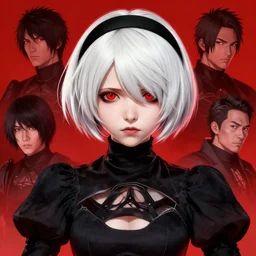 highly detailed portrait of the cutest girl in all the world, by Dustin Nguyen, Akihiko Yoshida, Greg Tocchini, Greg Rutkowski, Cliff Chiang, 4k resolution, nier:automata inspired, bravely default inspired, vibrant but dreary red, black and white color scheme!!!