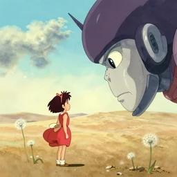 a wholesome animation key shot of mononoke watching giant robot head alone in the desert by herself, studio ghibli, pixar and disney animation, sharp, disney concept art watercolor illustration by mandy jurgens and alphonse mucha and alena aenami, pastel color palette, dandelion seeds float, bloom, dramatic lighting