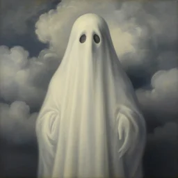 portrait of a ghost, clouds in the background, by rene magritte, detailed painting, distance, middle centered, hd, hq, high resolution, high detail, 4 k, 8 k