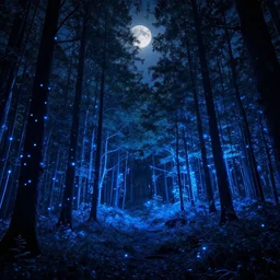 A realistic detailed photo of a forest, neon trees, blue light particles, neon landscape, night, moon light, moon in the sky, in a fantasy style