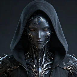 Cloaked hooded complex cybernetic omnipotent being with a biological human face, anime CGI style, dark, intricate and ornate, intricate technological ominous warrior, anime in the style of Makoto Shinkai, animated, animation, rich colour and detail, brandishing iridescent legendary cosmic sword, crystals, iridescent opalescent pearlescent holographic megastructure background