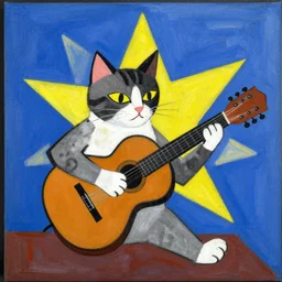 a cat playing guitar, a big star, a blue sky, by Pablo Picasso