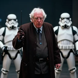 Bernie sanders as a Jedi knight fighting storm troopers cinematic lighting, 35mm film