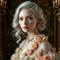 neoclassical professional photorealistic closed detailed portrait of a wonderful symmetrical albino goddess like as grace kelly dressed with a majestic semi transparent silk roses long dress, ornate, intricate, detailed, dramatic light, award winning, unreal engine 5 rendered