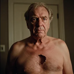 7 0 s movie still of an old man with a deep hole in the chest, cinestill 8 0 0 t _ 3 5 mm eastmancolor, heavy grain, high quality, high detail