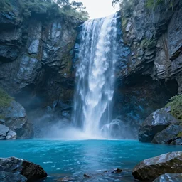ultra realistic photo, wallpaper, high waterfalls, blue rocks walls, lake, alien sifi flowers, insanely detailed plants, natural day lighting, pictures of landscapes, nature photo award,