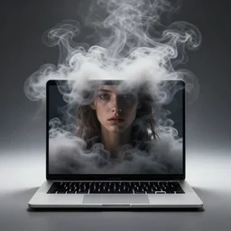 a portrait of a glass macbook, cinematic photography, smoke rising like clouds, beautifully symmetrical, super resolution, cgi, volumetric lighting & shadows, hyper detailed, 8 k, unreal engine,