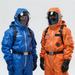 two scientists wearing neon blue and orange rick owens hazmat suits with their hands in their pockets escaping the neon event horizon by frank frazetta