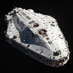 professional digital art of an immense spaceship in outer space, with a meteorite hole in the hull